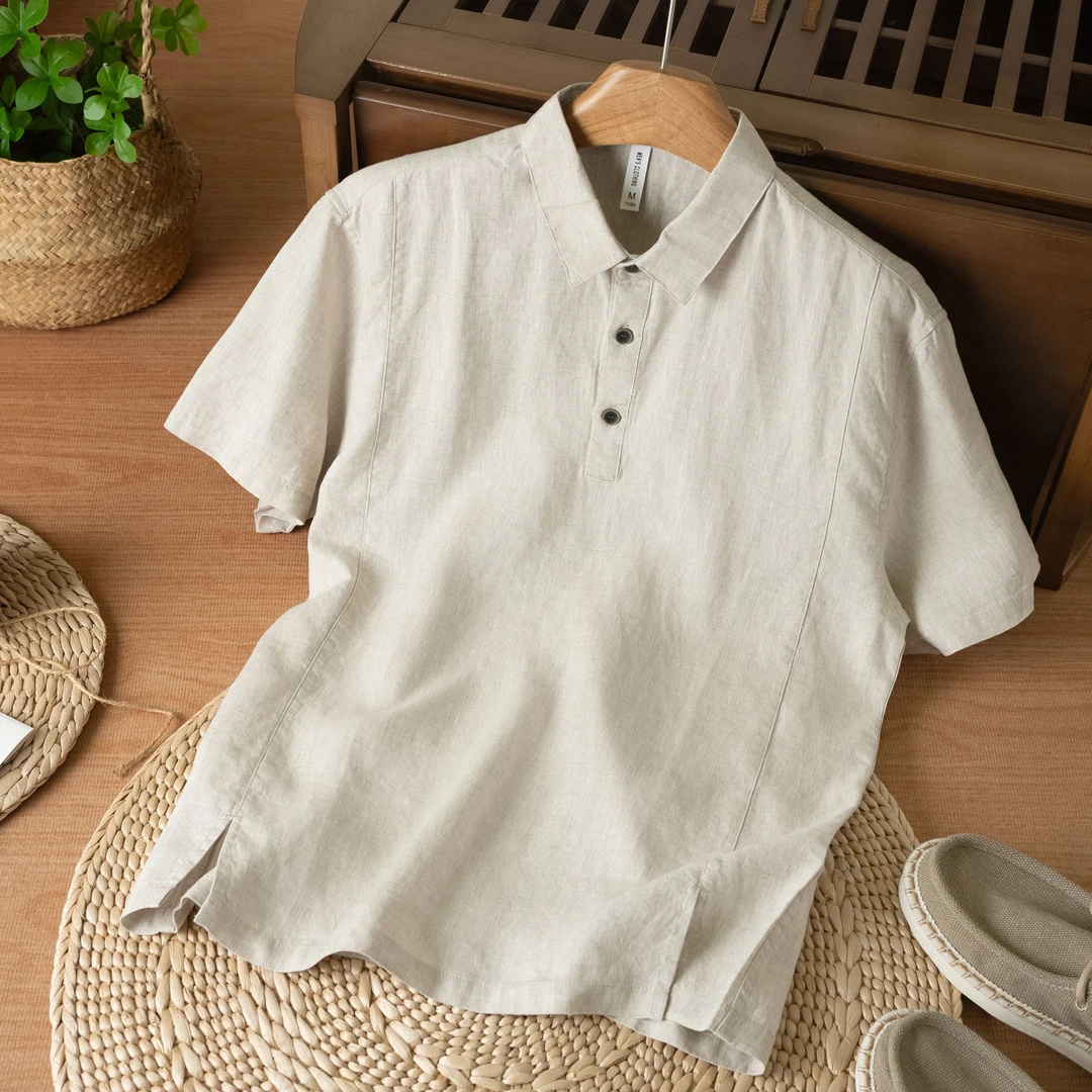 男士純亞麻短袖襯衫