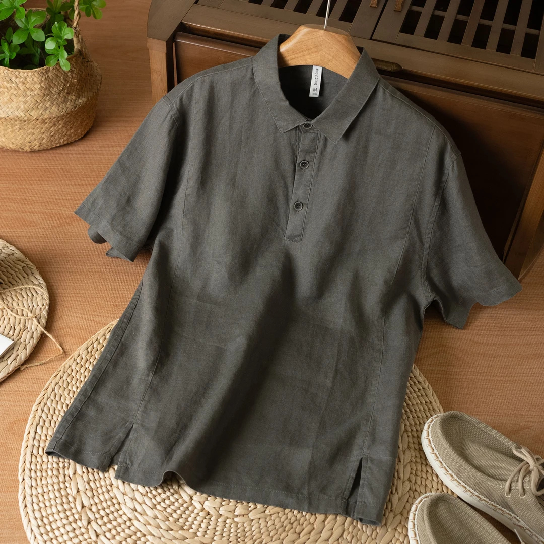 男士純亞麻短袖襯衫